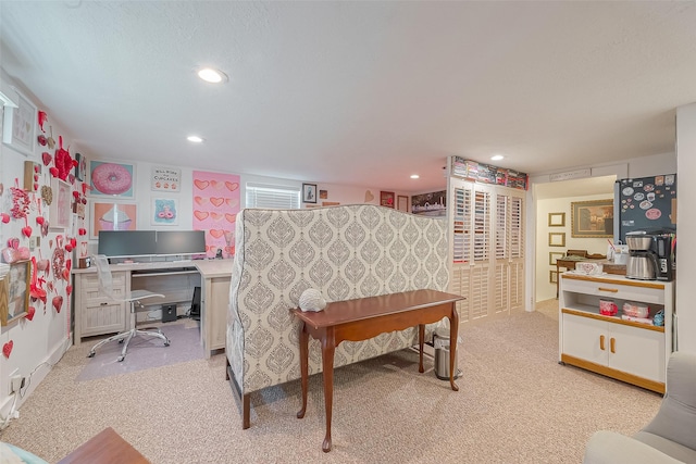 bedroom with light colored carpet