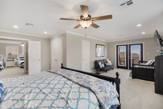 bedroom with ceiling fan, crown molding, light carpet, and access to outside