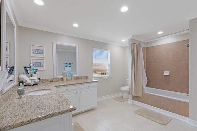 full bathroom with vanity, toilet, shower / bath combo with shower curtain, and ornamental molding