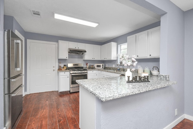 kitchen featuring sink, stainless steel appliances, dark hardwood / wood-style flooring, kitchen peninsula, and white cabinets