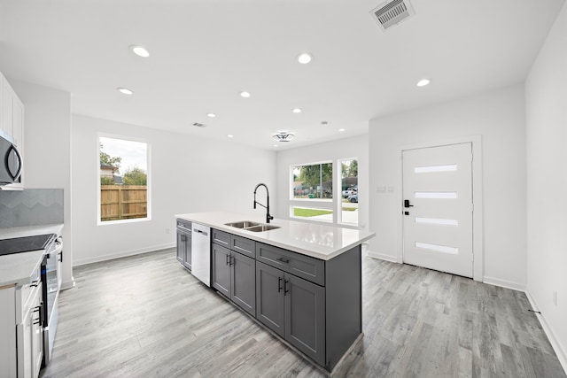 kitchen with gray cabinetry, sink, plenty of natural light, and appliances with stainless steel finishes