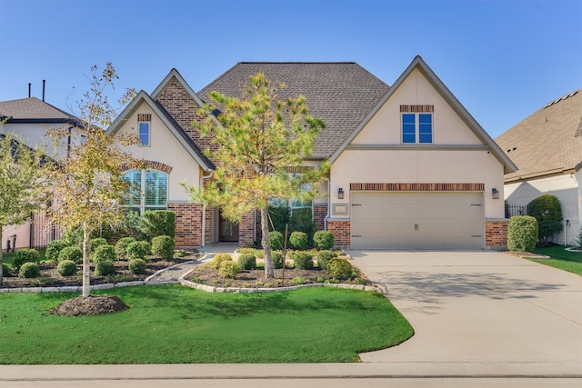 tudor-style house with a front yard and a garage