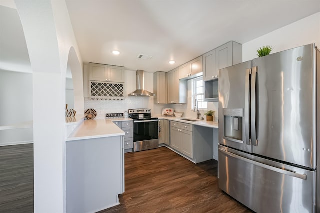 kitchen featuring sink, wall chimney exhaust hood, dark wood-type flooring, gray cabinets, and appliances with stainless steel finishes