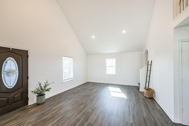 entrance foyer with dark hardwood / wood-style flooring and high vaulted ceiling