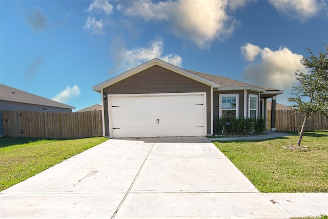 ranch-style home featuring a front lawn and a garage