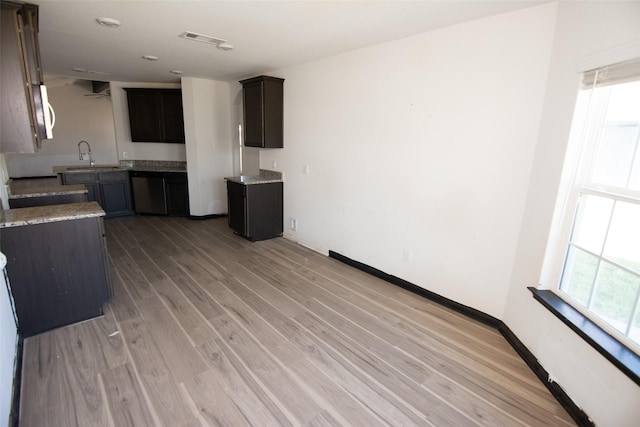 kitchen with dark brown cabinetry, light wood-type flooring, sink, and appliances with stainless steel finishes