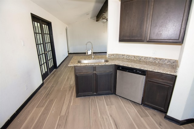 kitchen with dishwasher, light wood-type flooring, dark brown cabinetry, and sink