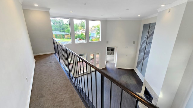 stairs featuring carpet and crown molding