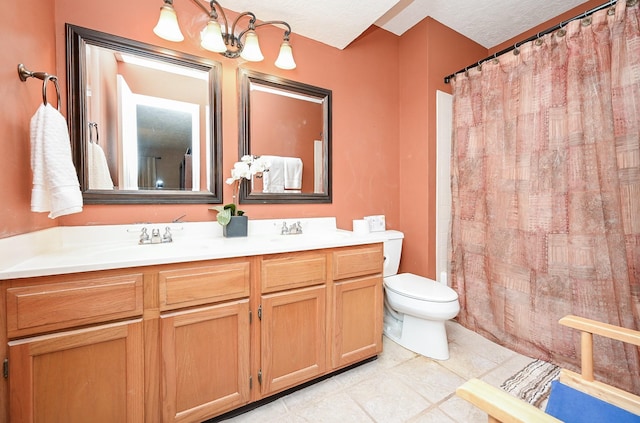bathroom featuring vanity, tile patterned floors, toilet, a textured ceiling, and a notable chandelier