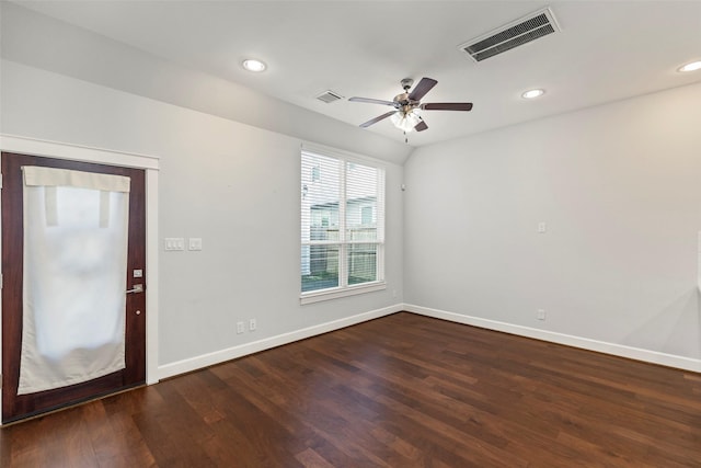 foyer featuring ceiling fan and dark wood-type flooring