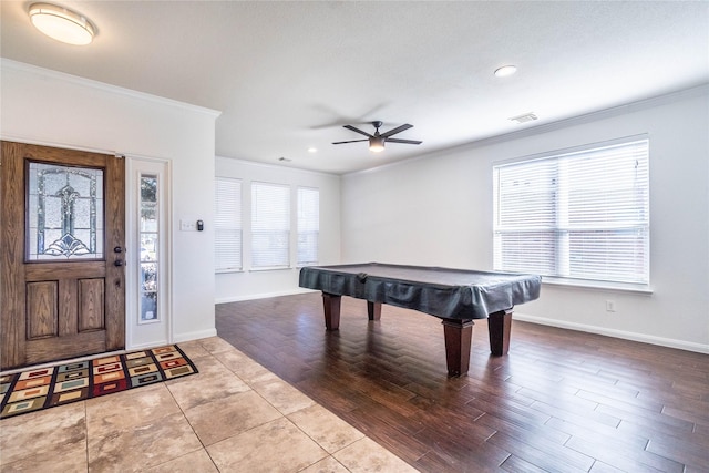 recreation room with light tile patterned floors, ceiling fan, ornamental molding, and billiards