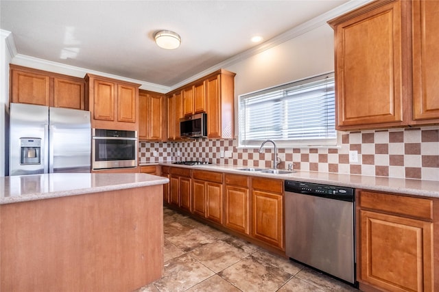 kitchen with decorative backsplash, appliances with stainless steel finishes, ornamental molding, sink, and light tile patterned flooring