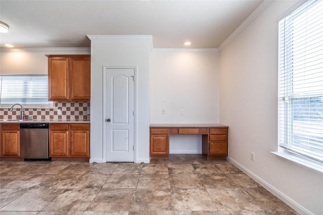 kitchen with dishwasher, sink, decorative backsplash, and ornamental molding