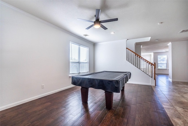 playroom with dark hardwood / wood-style floors, ceiling fan, ornamental molding, and billiards