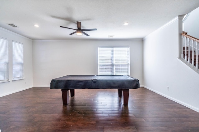 recreation room with crown molding, dark wood-type flooring, and billiards