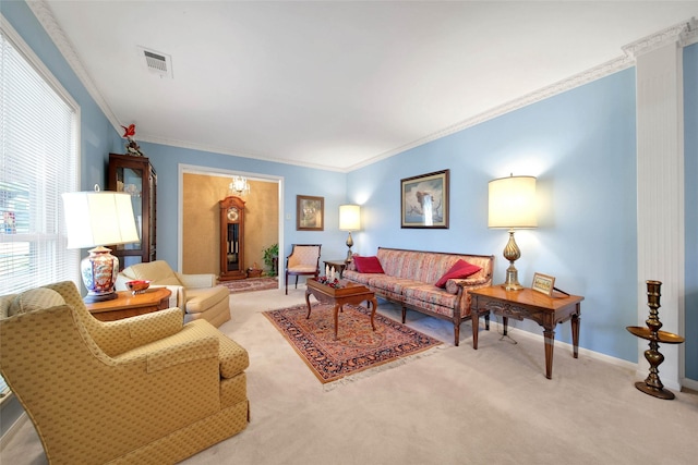 living room featuring light carpet and ornamental molding