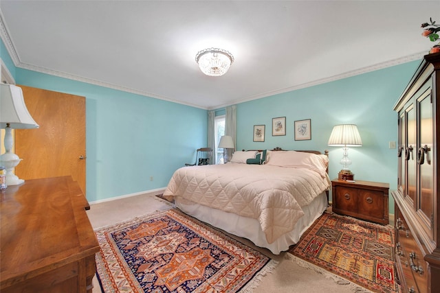 bedroom with carpet flooring and ornamental molding