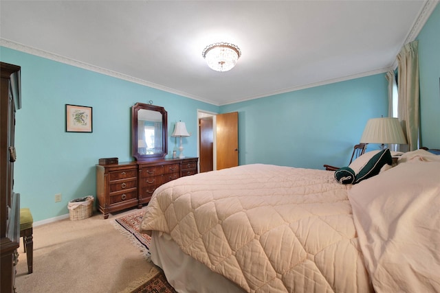 carpeted bedroom with ornamental molding