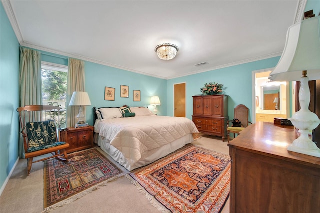 carpeted bedroom featuring ornamental molding