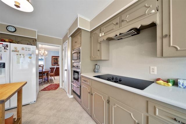 kitchen with white refrigerator with ice dispenser, black electric stovetop, ornamental molding, a notable chandelier, and light tile patterned flooring