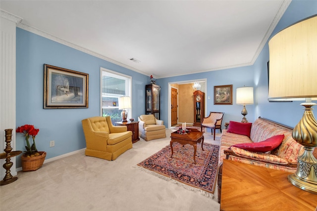 living room with light carpet and crown molding