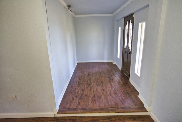 foyer with ornamental molding and dark wood-type flooring