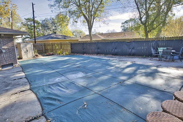 view of swimming pool featuring a shed