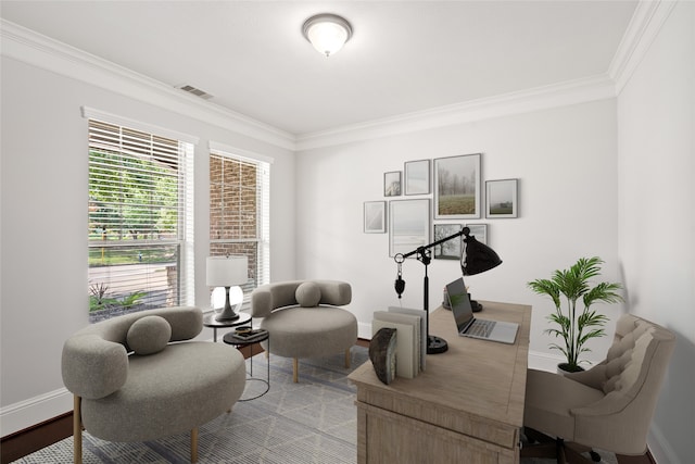 home office with crown molding and hardwood / wood-style floors