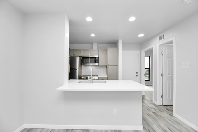 kitchen featuring sink, kitchen peninsula, stainless steel appliances, and light hardwood / wood-style flooring