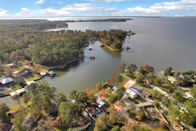 drone / aerial view featuring a water view