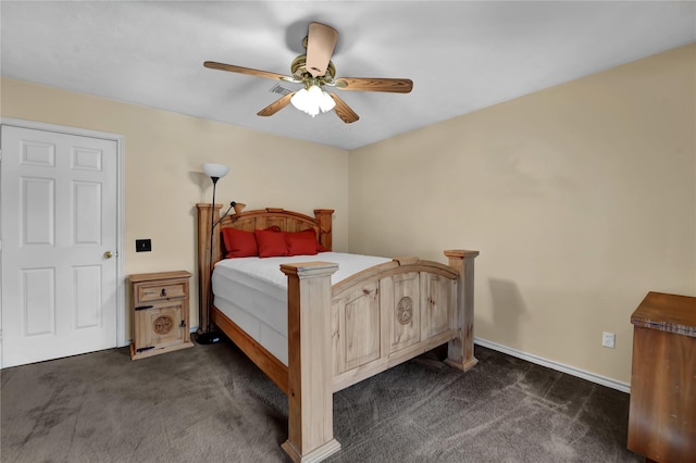 bedroom with ceiling fan and dark carpet