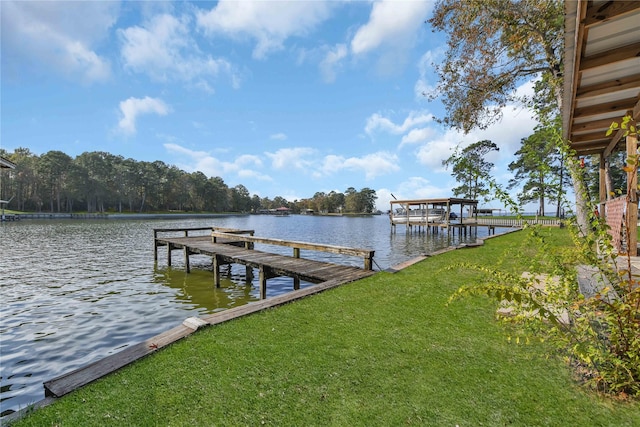 dock area with a lawn and a water view