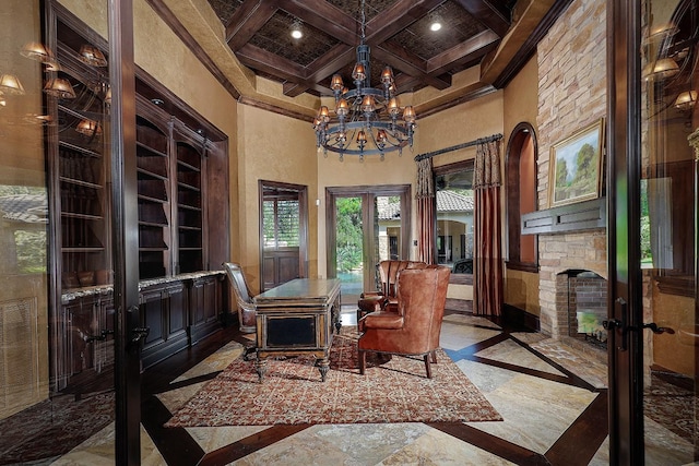 office space with a high ceiling, coffered ceiling, an inviting chandelier, french doors, and beam ceiling