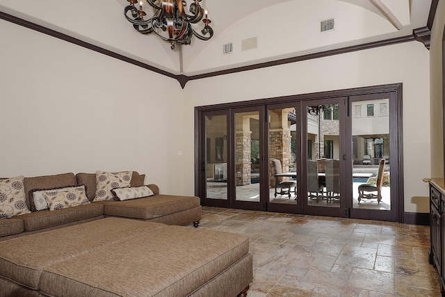 living room featuring a chandelier, french doors, high vaulted ceiling, and crown molding