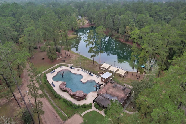 birds eye view of property featuring a water view