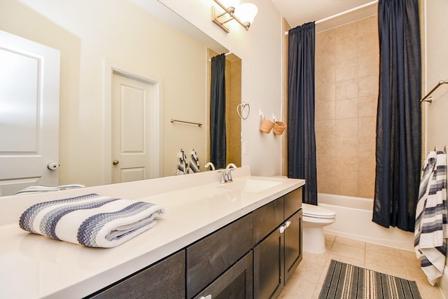 full bathroom featuring tile patterned flooring, vanity, toilet, and shower / tub combo with curtain