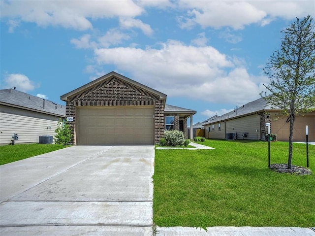 ranch-style home with central AC, a garage, and a front lawn