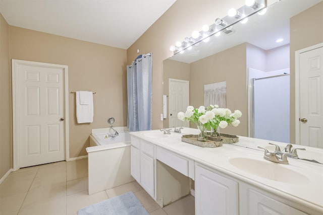 bathroom with plus walk in shower, tile patterned flooring, and vanity