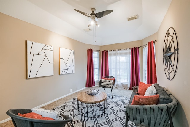 3102 Silver Cedar Trl, Katy, TX 77449 - living area featuring carpet, baseboards, and ceiling fan