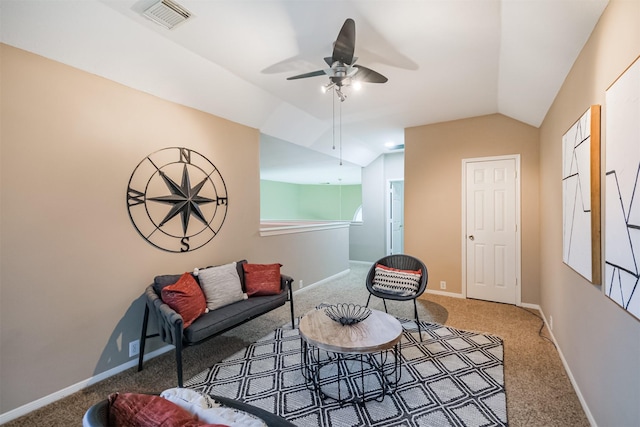 3102 Silver Cedar Trl, Katy, TX 77449 - living area with lofted ceiling, carpet, ceiling fan, and baseboards