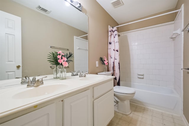 full bathroom featuring vanity, toilet, and shower / bathtub combination with curtain