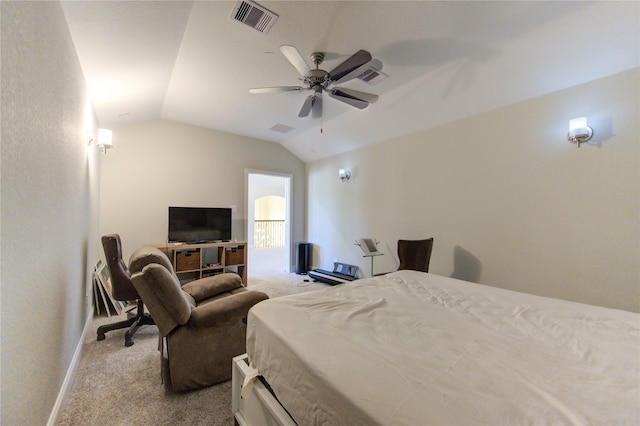 carpeted bedroom with ceiling fan and lofted ceiling