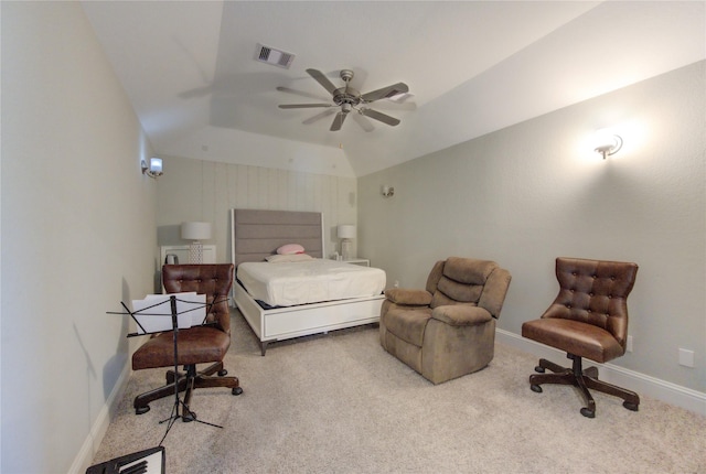 carpeted bedroom featuring ceiling fan and lofted ceiling