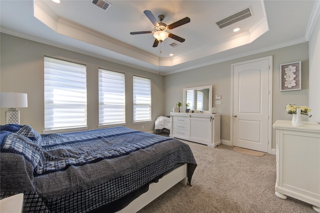 carpeted bedroom with a raised ceiling, ceiling fan, and crown molding