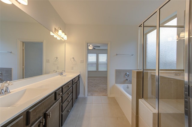 bathroom featuring shower with separate bathtub, vanity, tile patterned floors, and ceiling fan