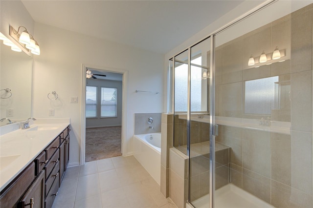 bathroom featuring vanity, tile patterned floors, ceiling fan, and separate shower and tub