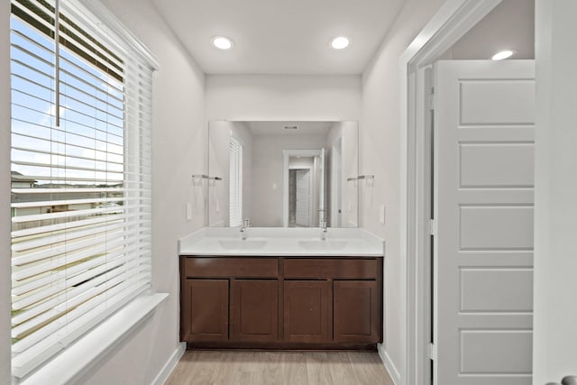 bathroom with hardwood / wood-style flooring and vanity