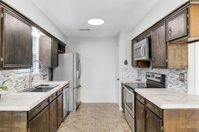 kitchen with decorative backsplash, sink, dark brown cabinetry, and stainless steel appliances