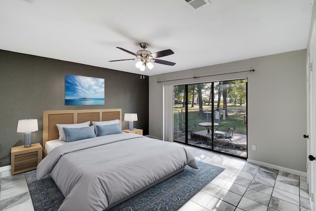 bedroom featuring access to outside and ceiling fan