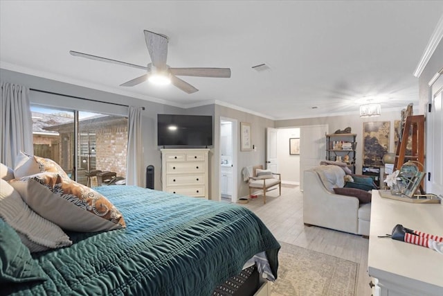 bedroom featuring access to exterior, light hardwood / wood-style floors, ceiling fan, and crown molding